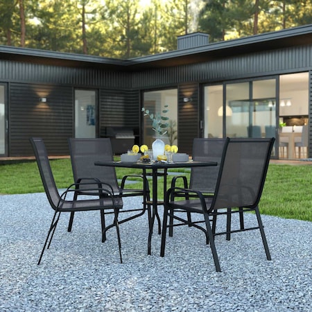 Flash Furniture 5PC Patio Set-31.5SQ Glass Table, 4 Black Chairs TLH-073A2303C-GG